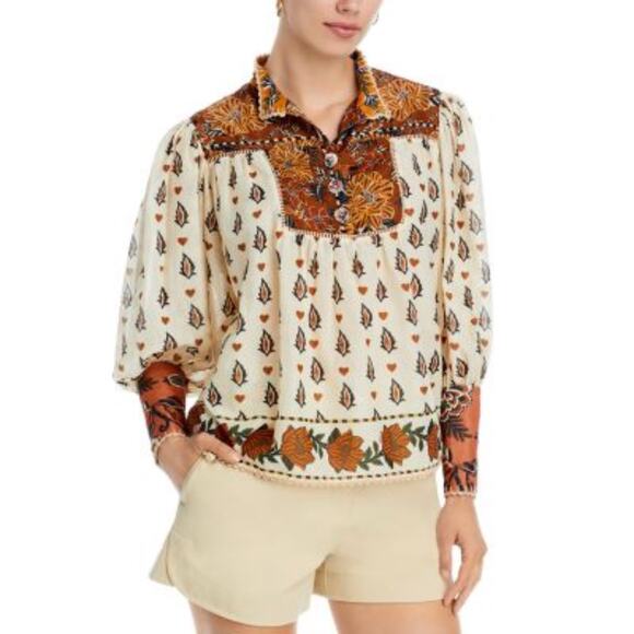 Nwot FARM RIO Top L Cream Brown Floral Pearly-Button Crochet Puff-Balloon-Sleeve - Picture 1 of 16